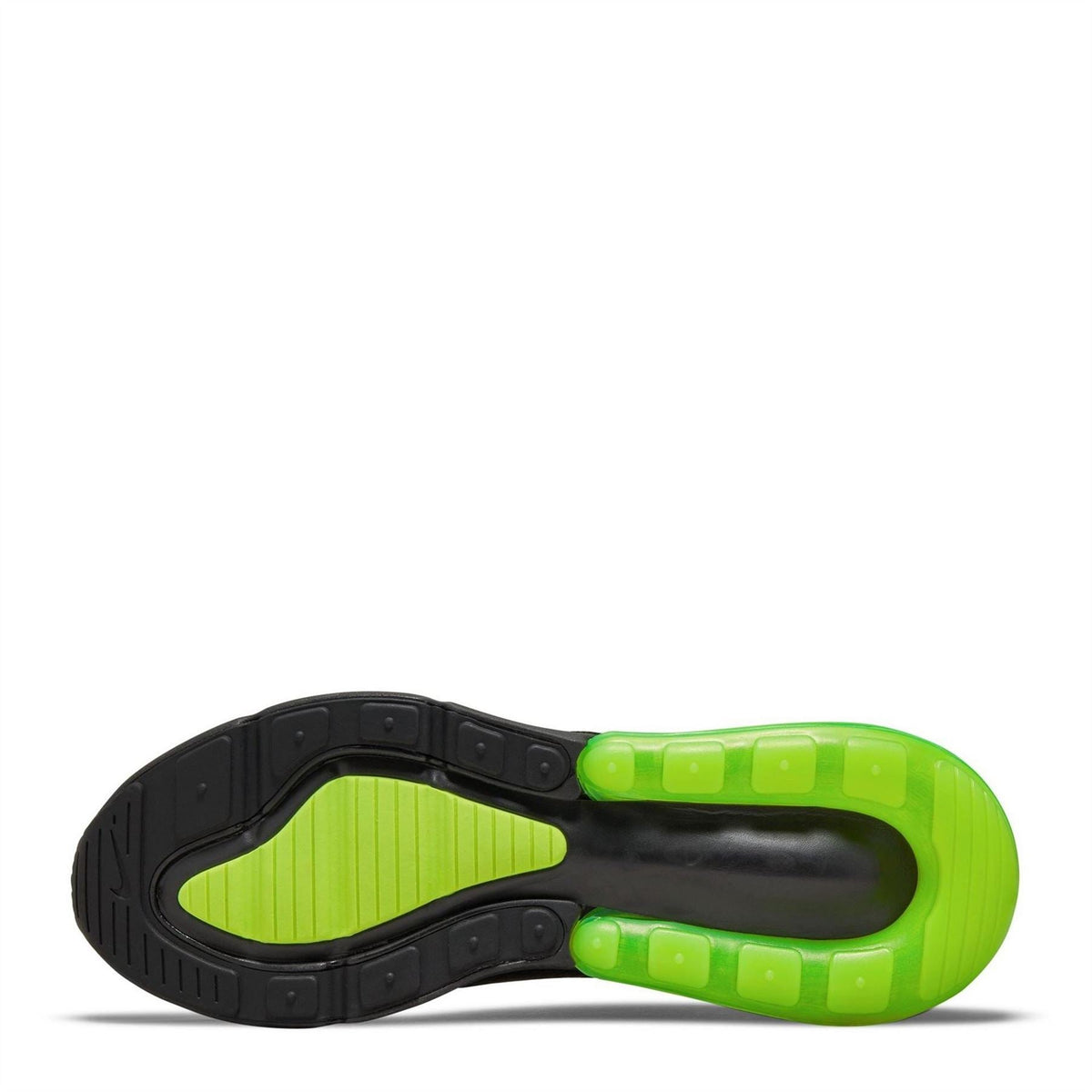 Nike Air Max 270 trainers outsole, black tread with neon green air cushioning