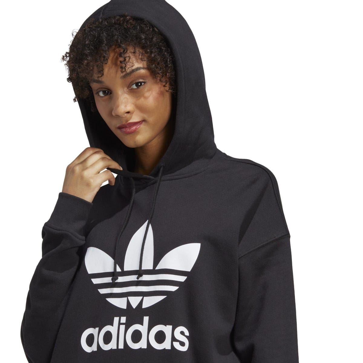 Black hooded trefoil hoody with adidas logo and white trefoil graphic