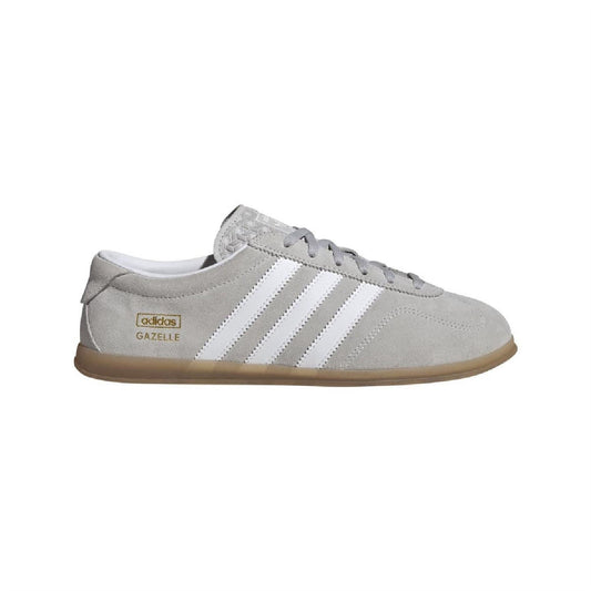 Grey suede Gazelle Lo Pro trainers, three white stripes, lace-up, gum sole