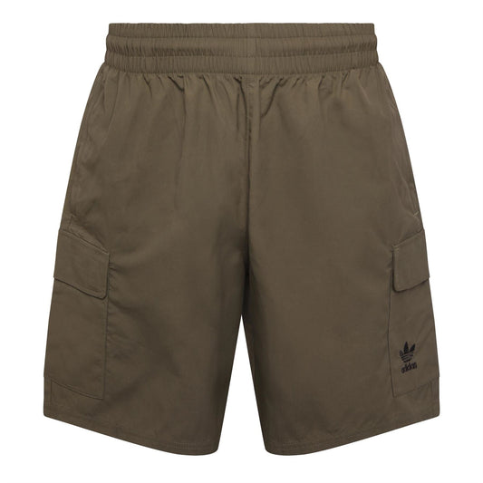 adidas Originals Trefoil Essentials woven cargo shorts with multiple pockets and relaxed fit, displayed on a neutral background.