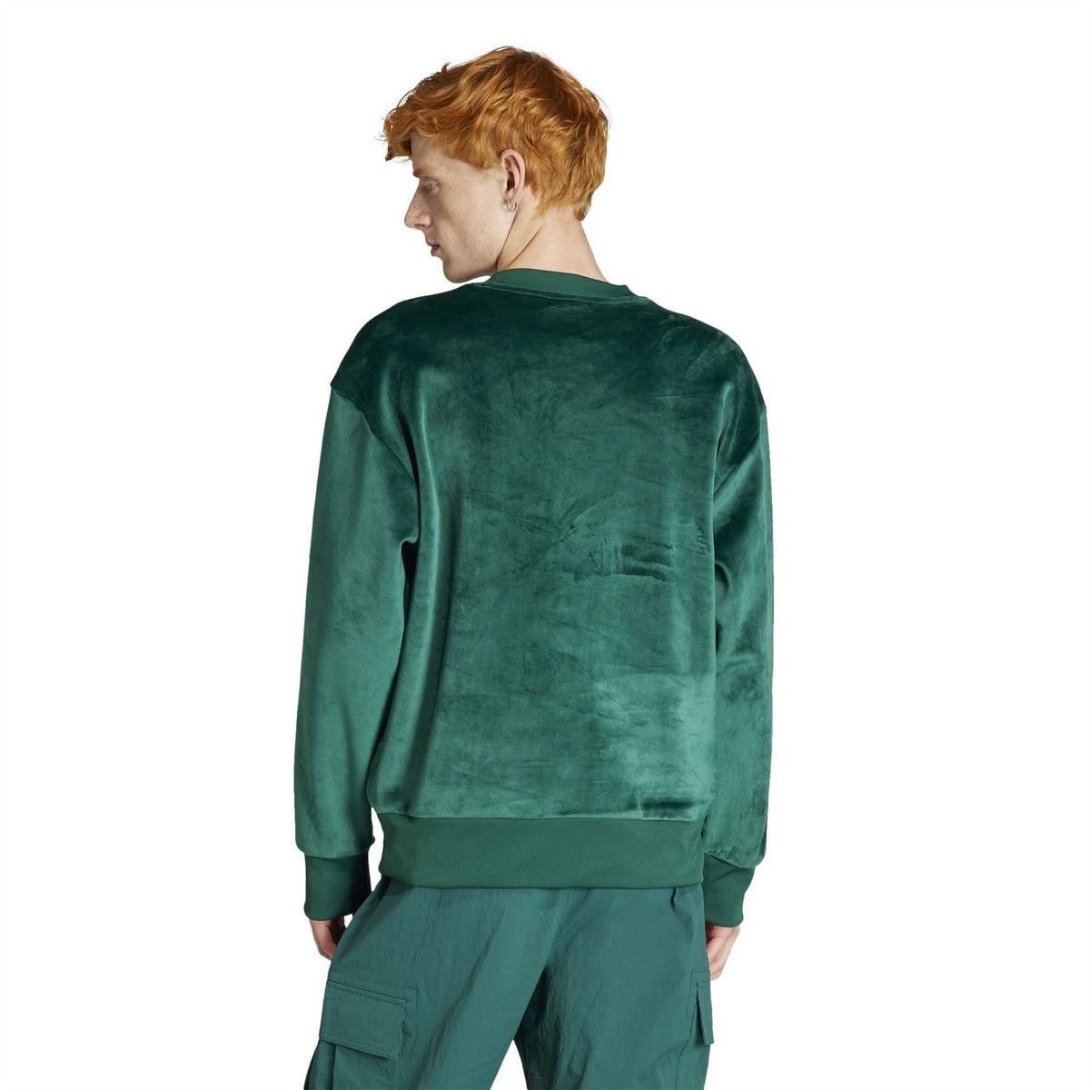 Green long sleeve sweater back view with crew neck and ribbed hem