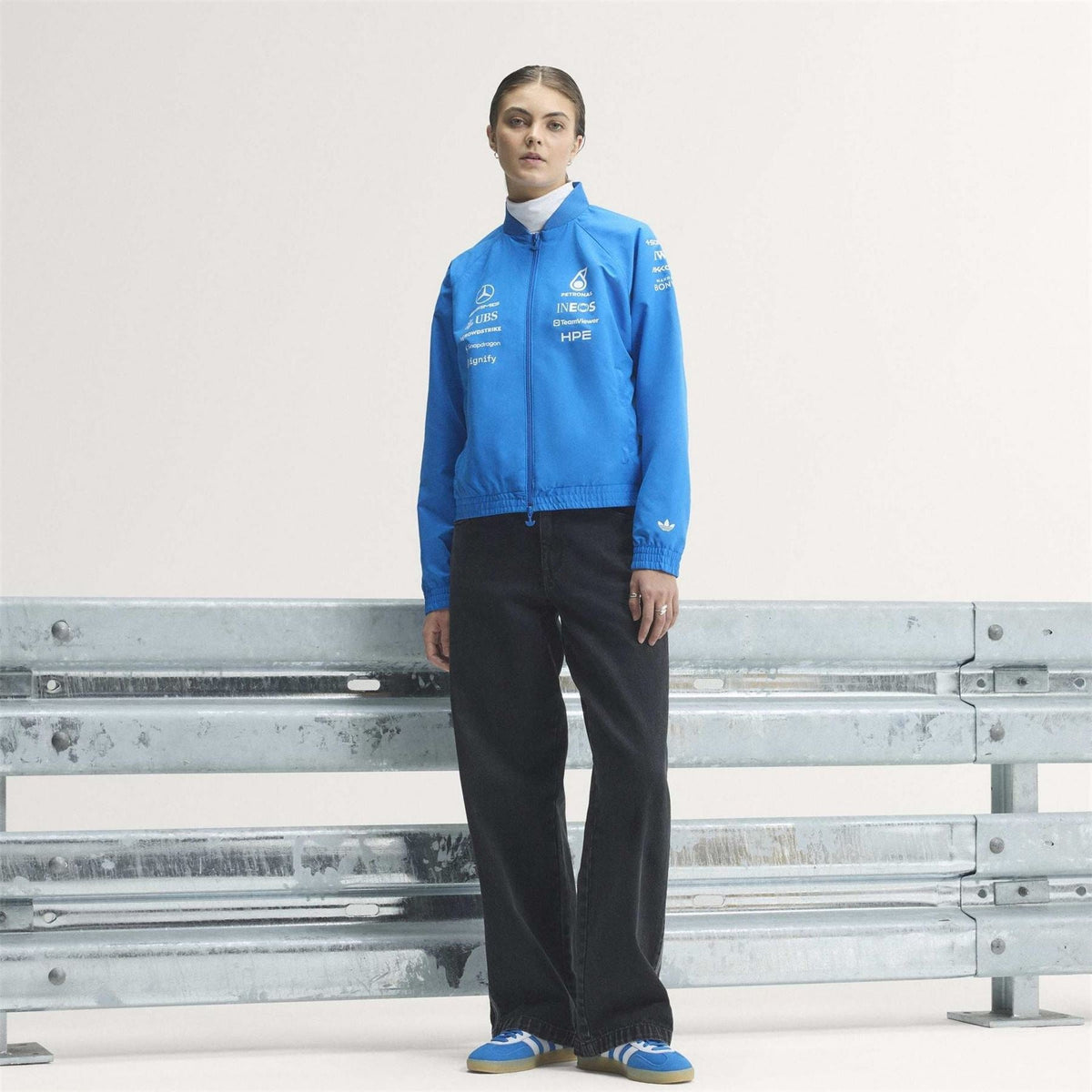 adidas Originals Mercedes blue track jacket, full-zip with stand collar, paired with black pants
