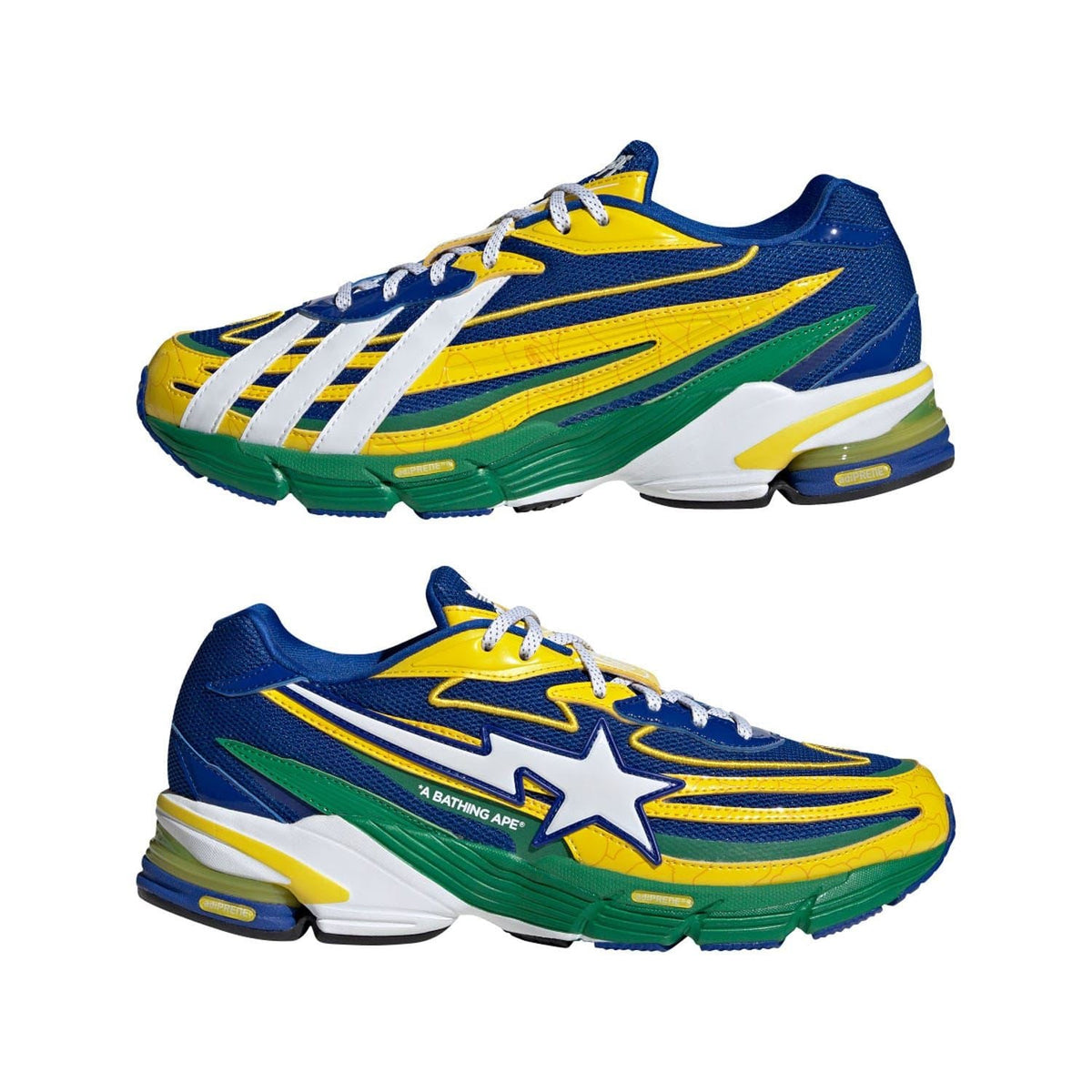 Pair of blue, yellow, and green trainers with star emblem, white laces, thick sole
