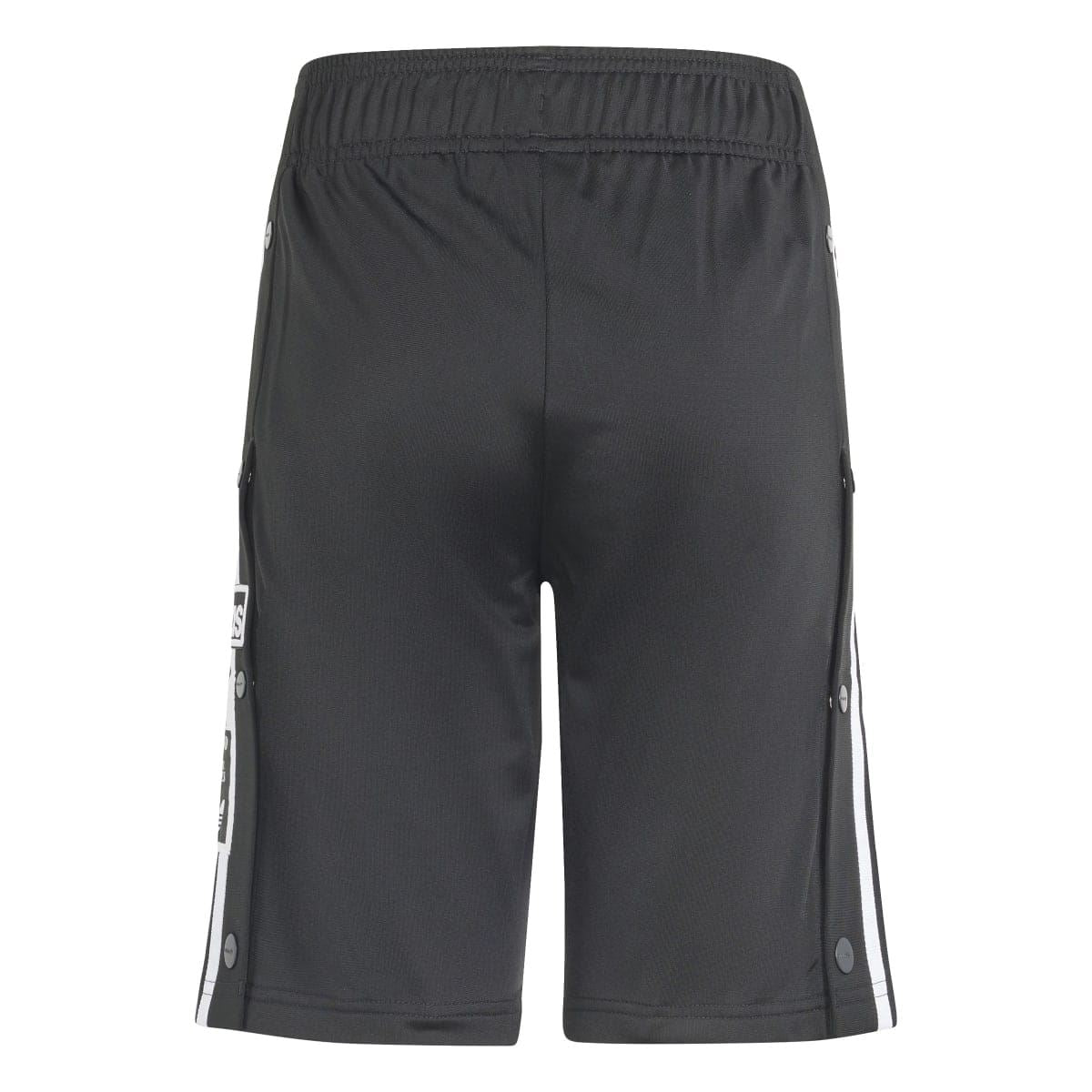 Black juniors track shorts with elastic waistband, side pocket, and stripe panels