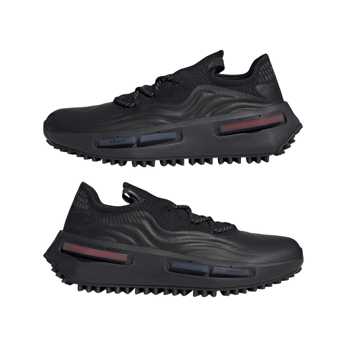 Black adidas Originals NMD S1 trainers, pair side-by-side with chunky outsole tread