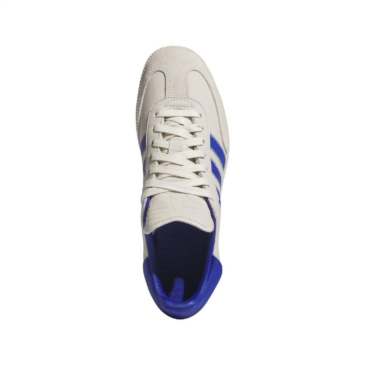 White and blue adidas Originals Samba trainers, toe and laces front view