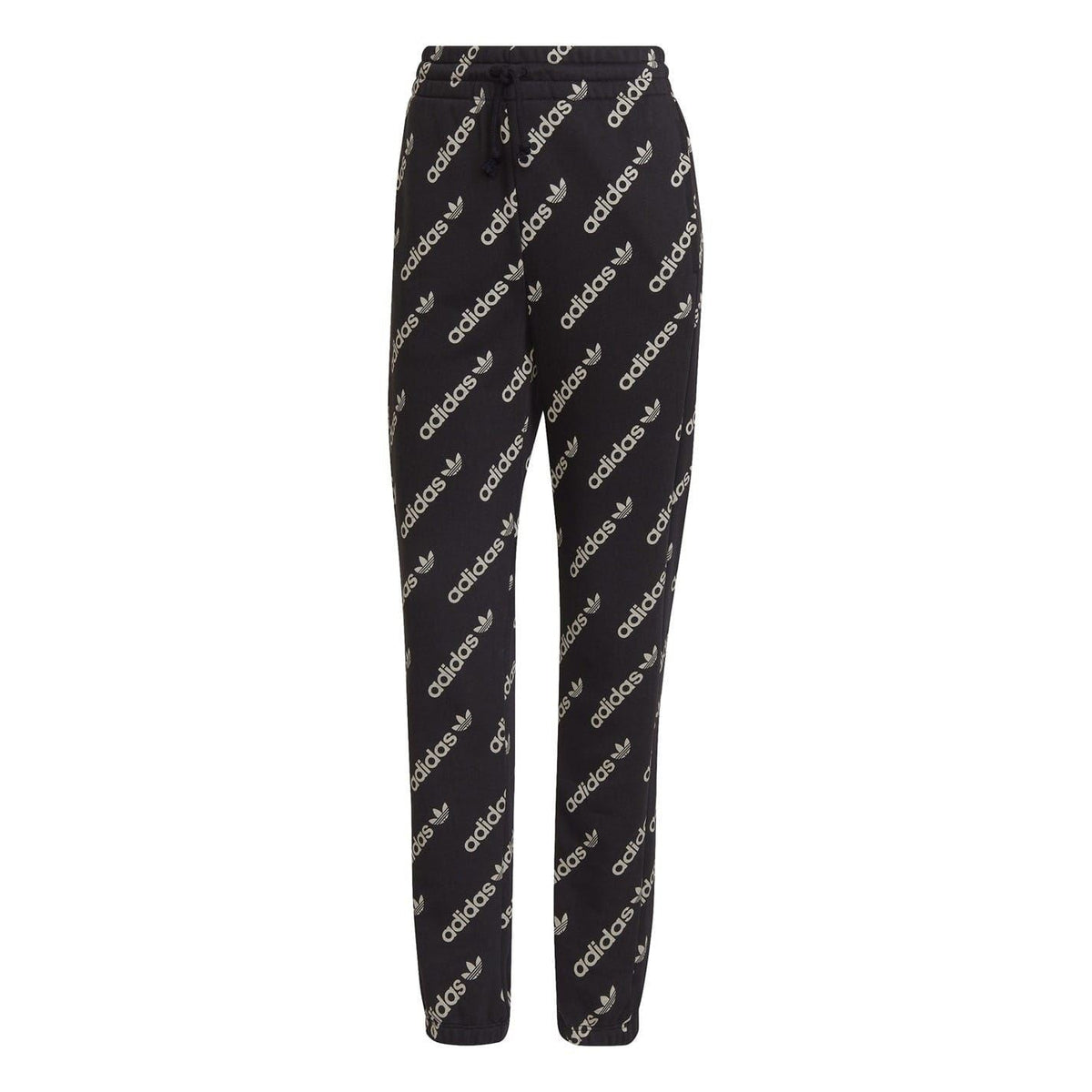 Black adidas track sweatpants with repeating adidas logo print, elastic waistband and cuffs