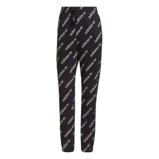 Black adidas track sweatpants with repeating adidas logo print, elastic waistband and cuffs