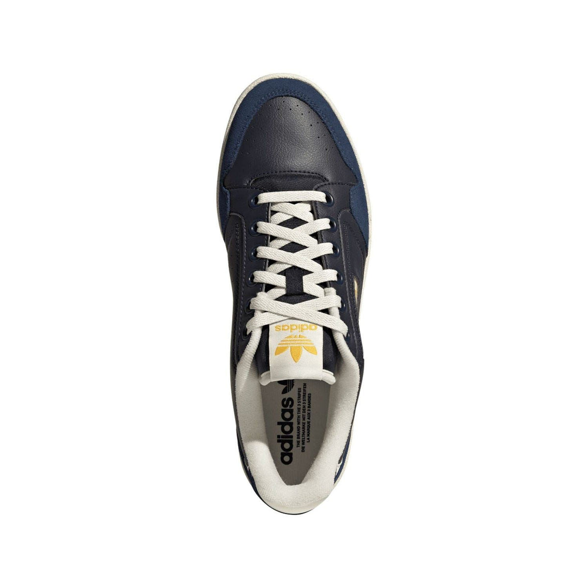 Navy lace-up sneaker with white laces and off-white interior lining