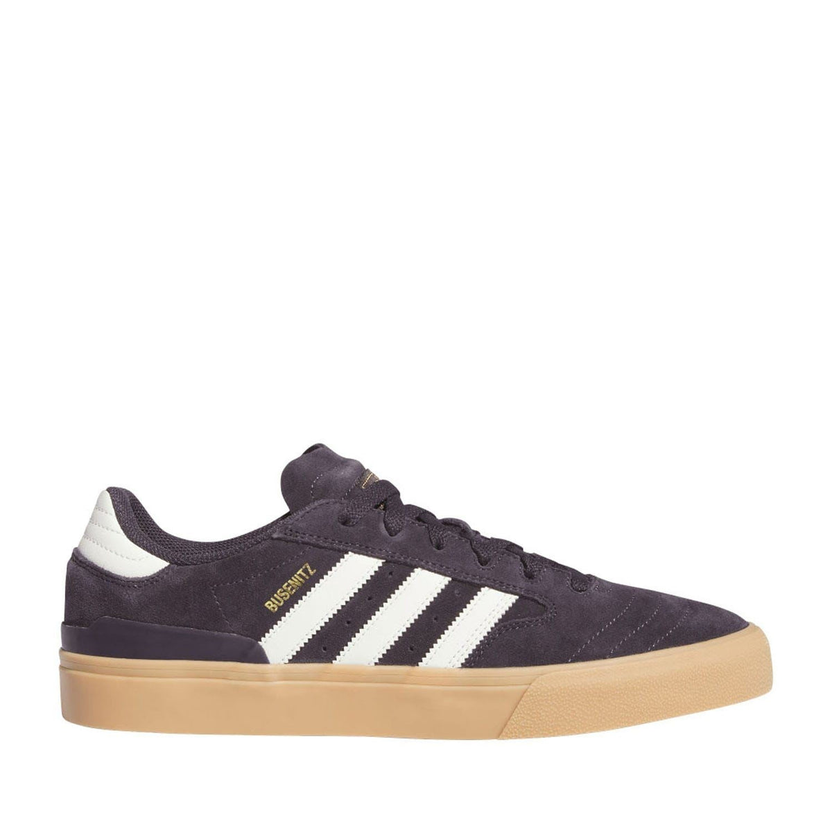 Black suede skate trainers with three white adidas stripes and gum rubber sole