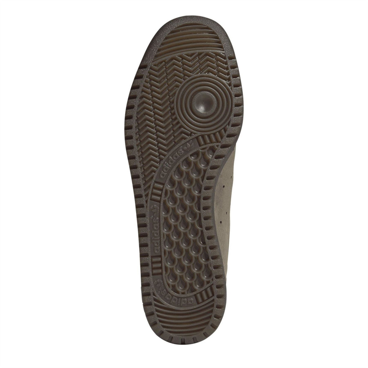 Shoe outsole view with textured tread pattern on dark rubber base