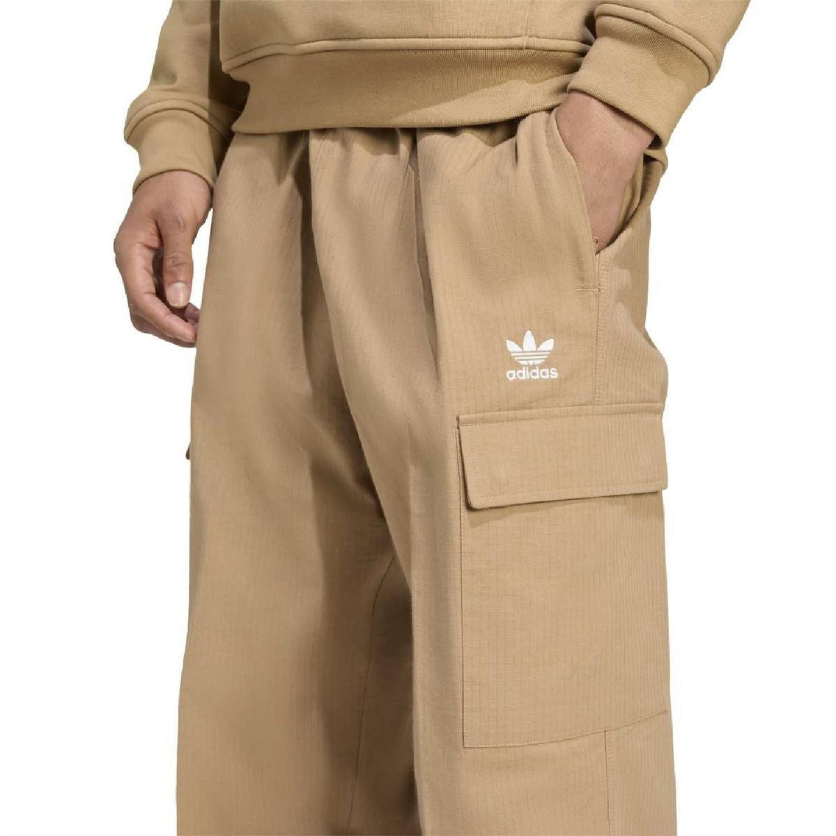 adidas Originals cargo pants, tan; side flap pocket with Trefoil logo