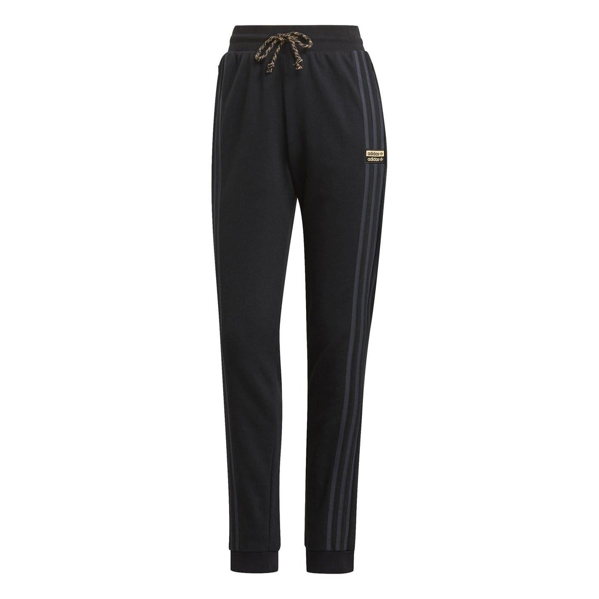 adidas Originals black track pants, drawstring waist, tapered legs, side stripe
