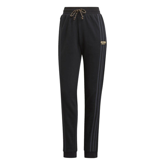 adidas Originals black track pants, drawstring waist, tapered legs, side stripe