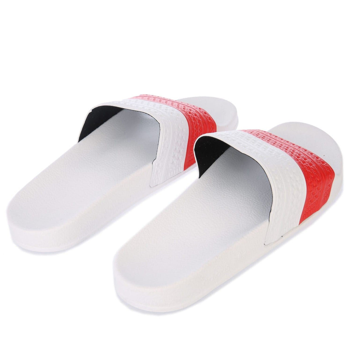 Adidas slide sandals, white upper with red strap and dark inner lining