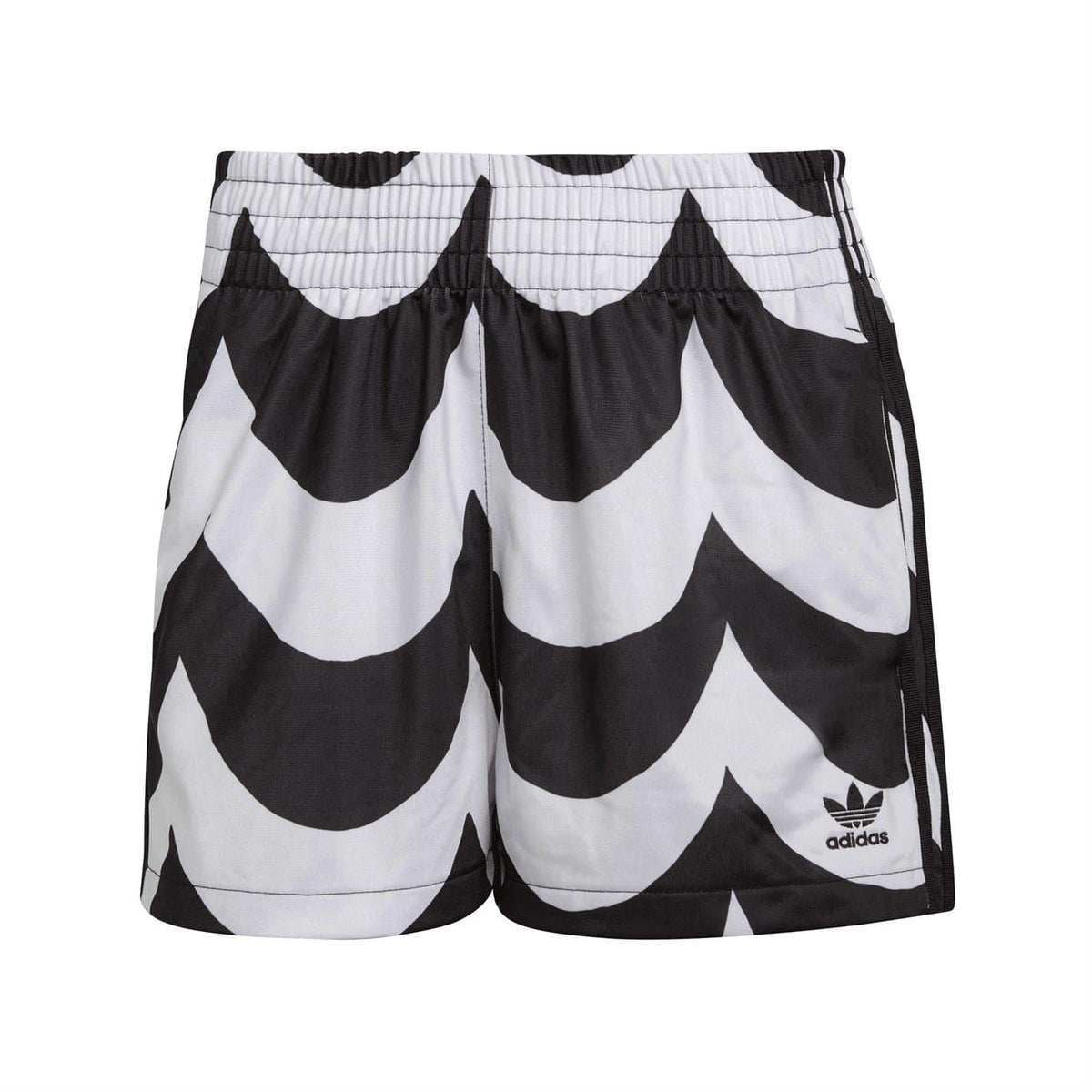 Black and white patterned adidas training athletic shorts with elastic waistband