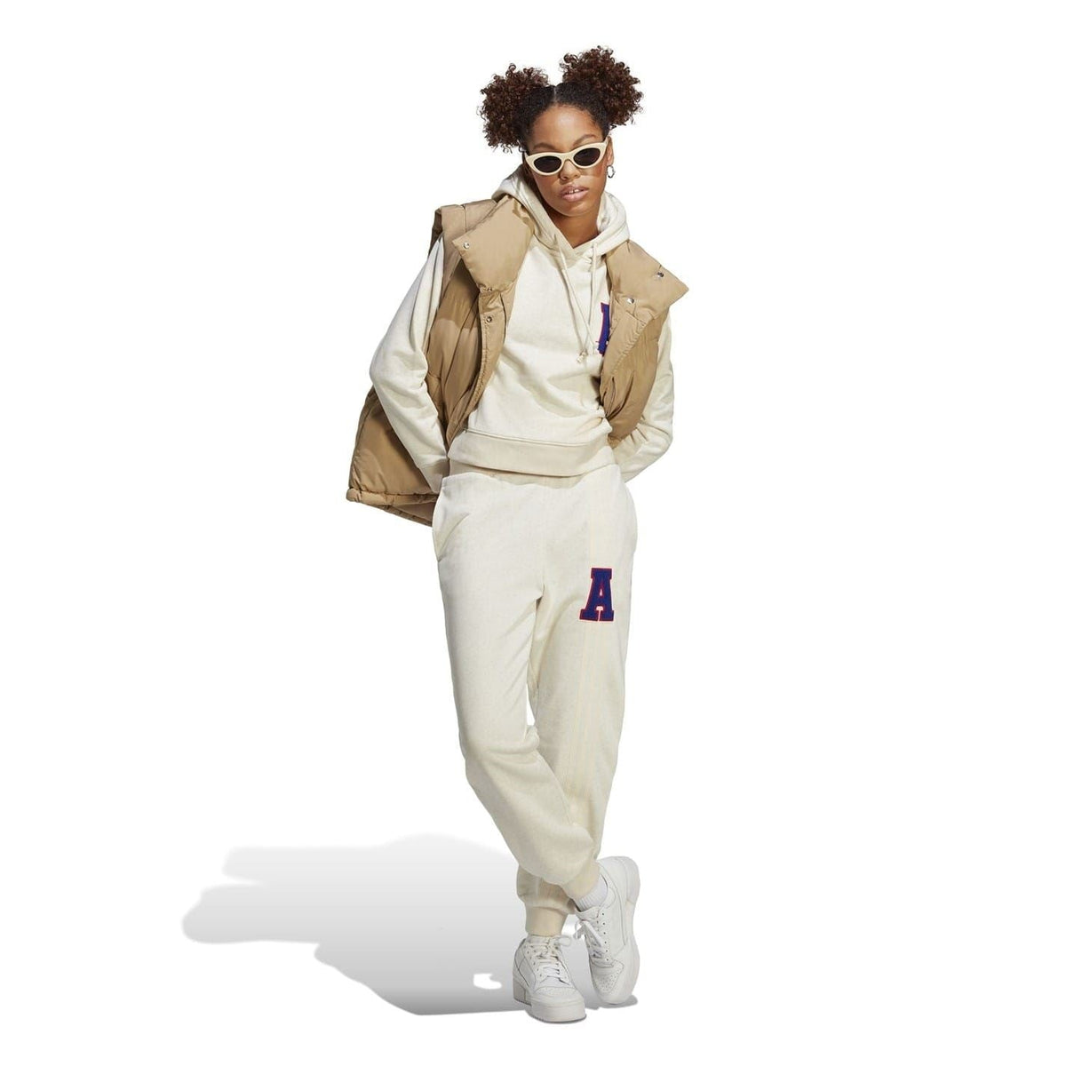 adidas Originals hooded sweatshirt with A patch, light cream, worn with pants