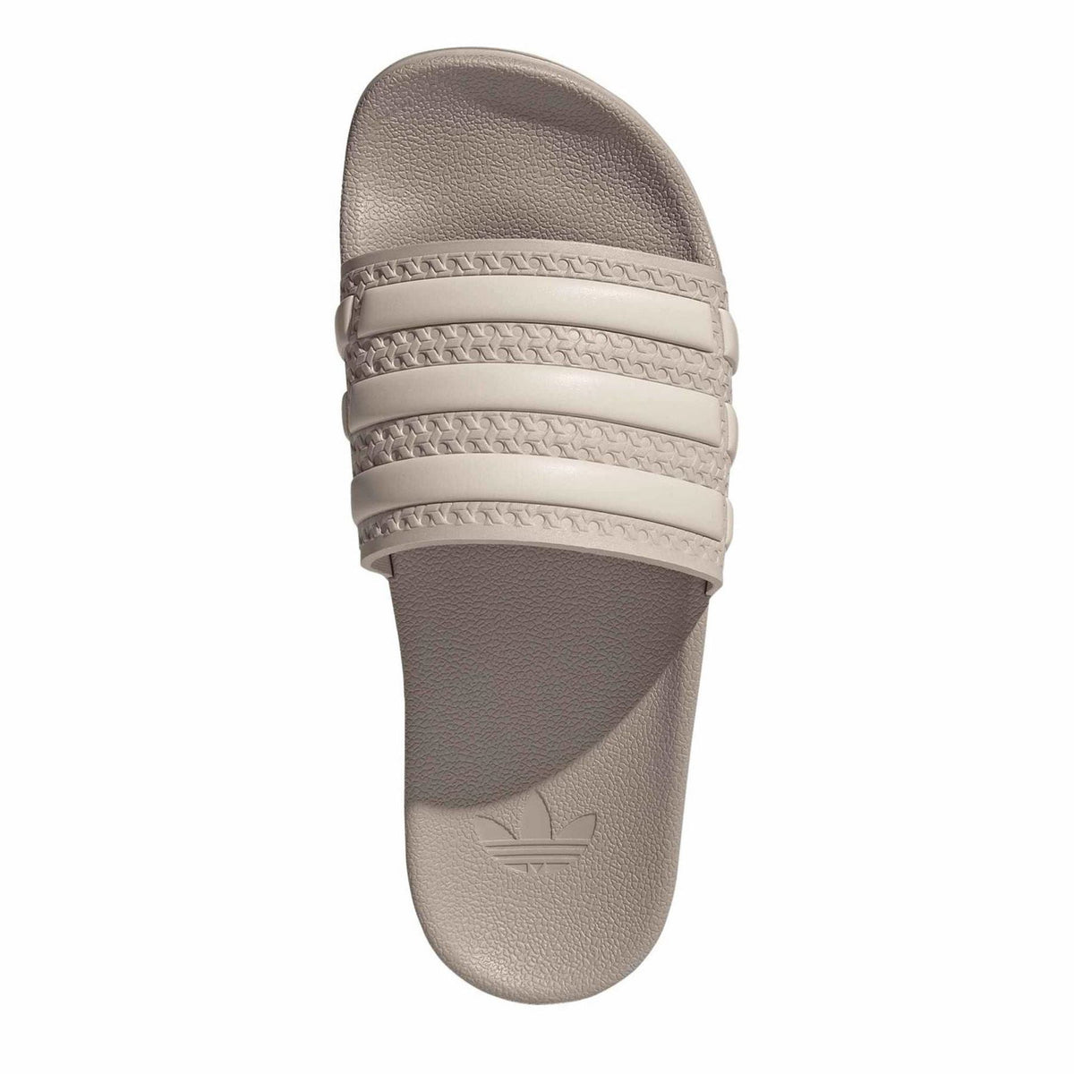 adidas taupe slide sandals with single-piece upper and three strap bands