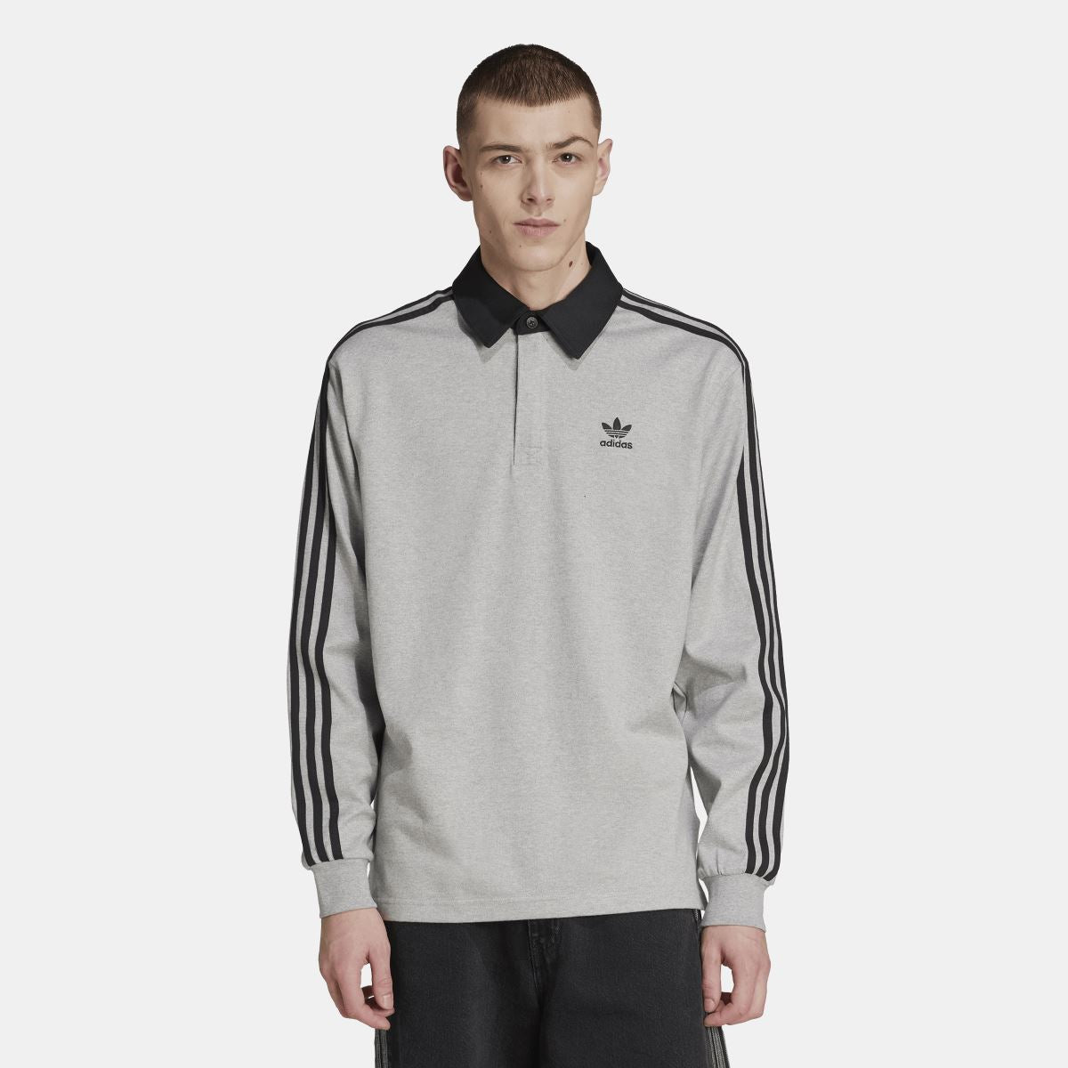 Grey long-sleeve rugby polo shirt with black collar and adidas logo on left chest