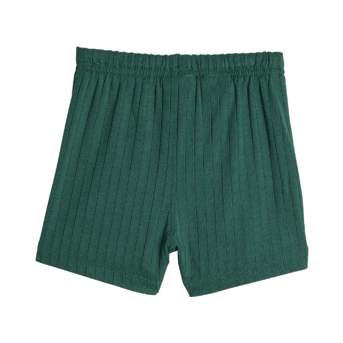 Green ribbed infants shorts with elastic waist and stitched hem