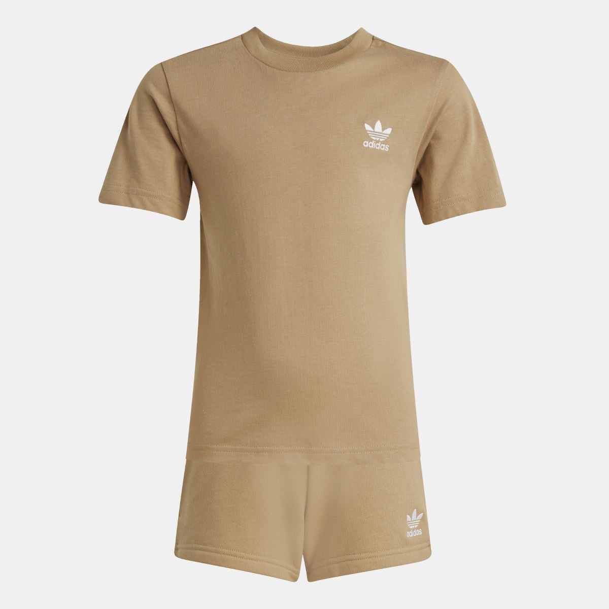 Tan adidas juniors T-shirt and shorts set, centered front view; chest and hem logos