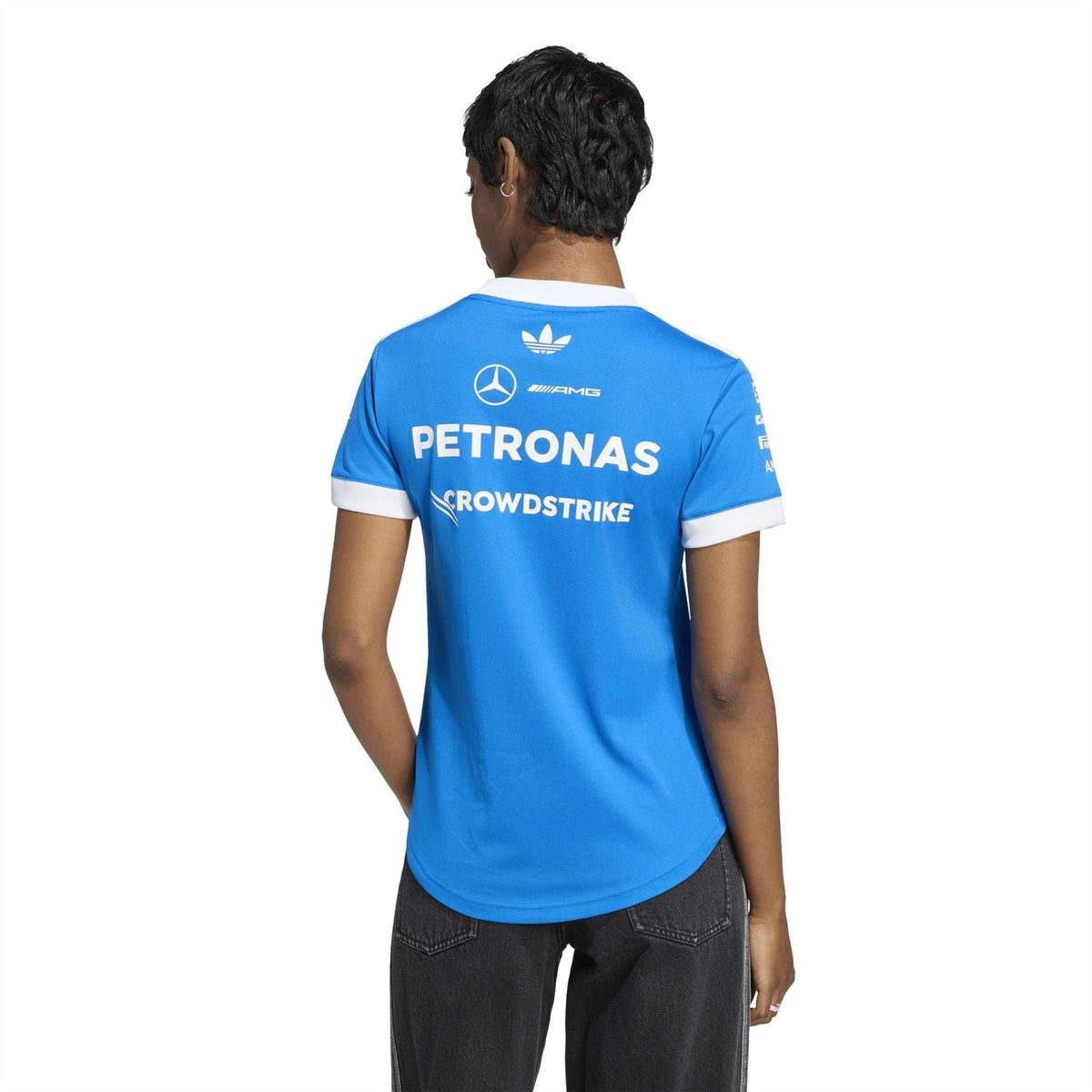Blue crew-neck short-sleeve jersey with white trim, large back print