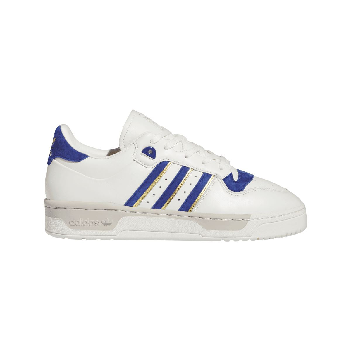 adidas Rivalry 86 low-top trainers in white with blue heel and three gold-striped stripes