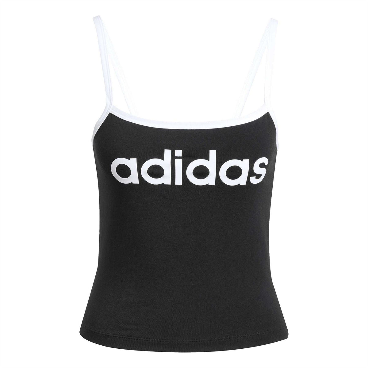 Black slim-fit tank top with white adidas wordmark on front, spaghetti straps