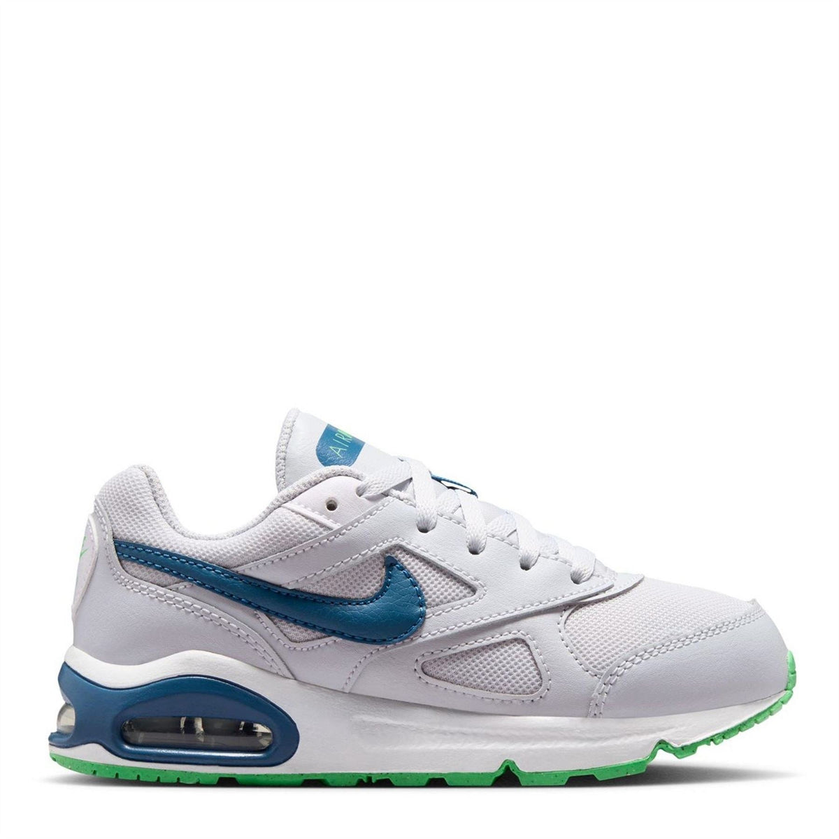 Nike Air Max Ivo kids' trainers in white with blue swoosh and green outsole, lace-up