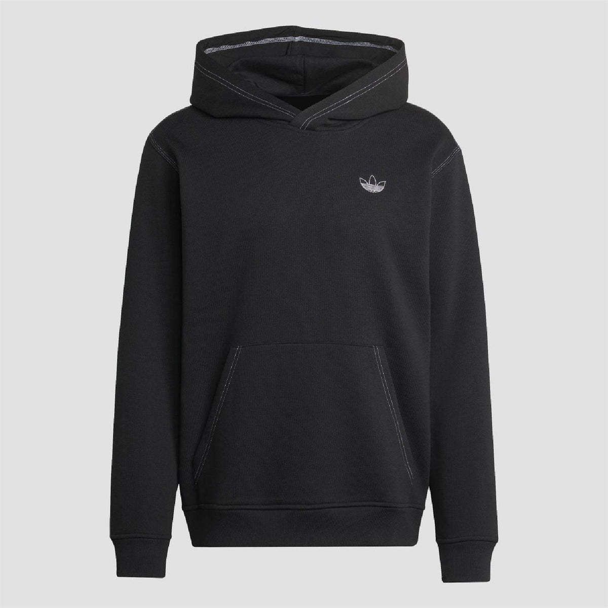 Black adidas Originals script hoodie with front pouch pocket and adjustable drawstring hood