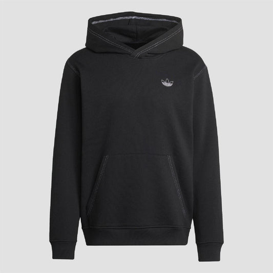 Black adidas Originals script hoodie with front pouch pocket and adjustable drawstring hood