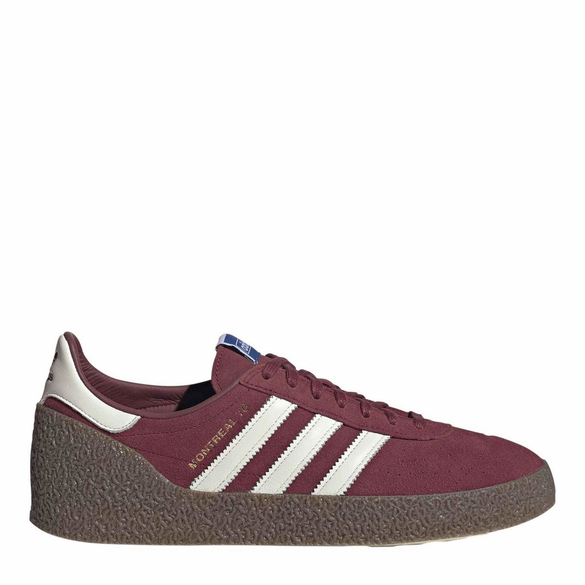 Maroon low-top sneakers with white three stripes and textured dark rubber sole