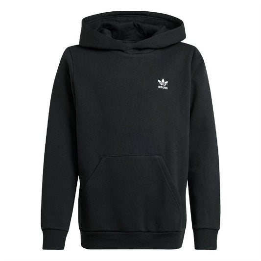 Black juniors pullover hoodie with hood, kangaroo pocket, and small adidas logo