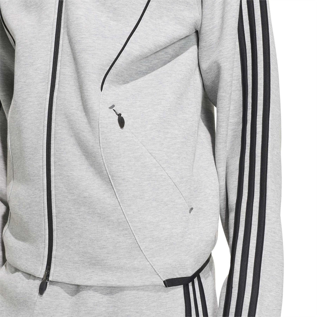 Grey heather zip-up hoodie detail view of front zipper, curved seams, and side stripes