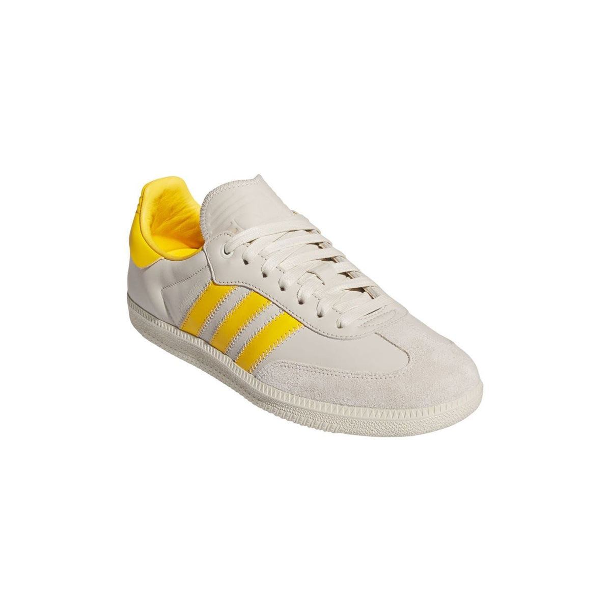 adidas Samba trainers in white with yellow lining and 3-Stripes across the side
