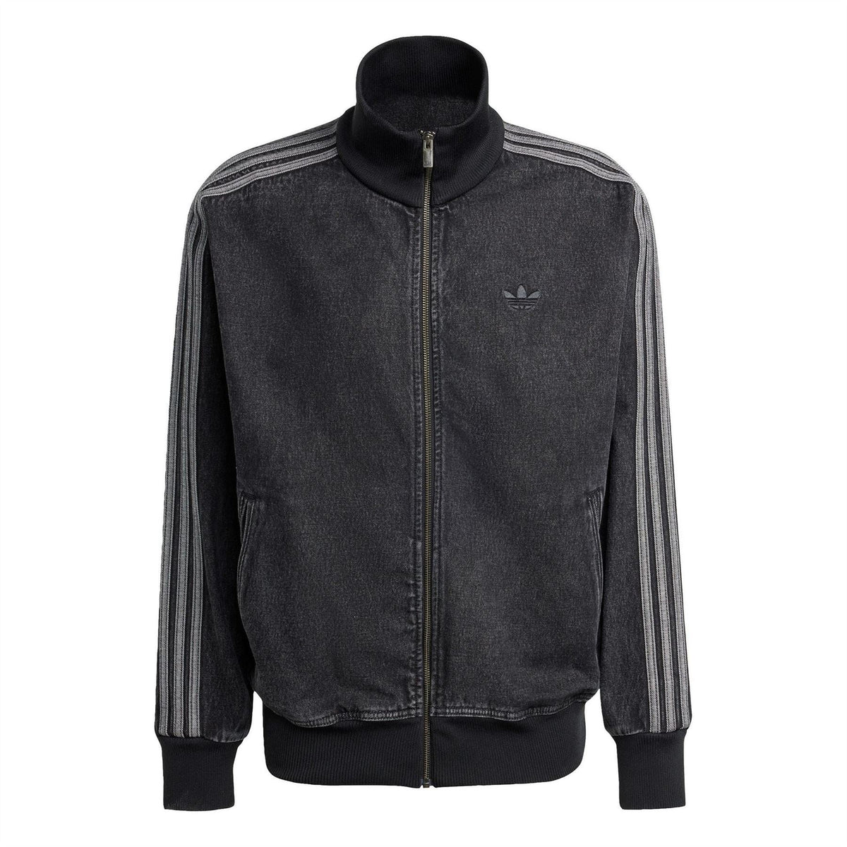 Denim-look athletic top with funnel neck, full-zip front, and striped sleeves