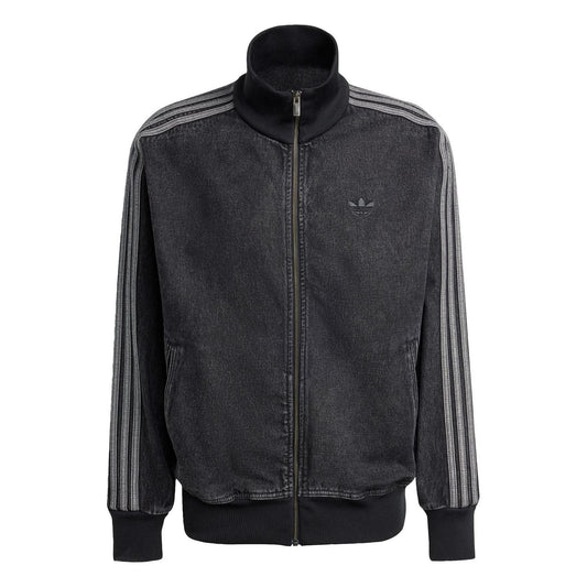 Denim-look athletic top with funnel neck, full-zip front, and striped sleeves