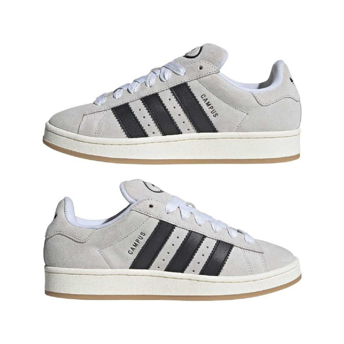 Two light gray Adidas campus sneakers with black three-stripe panels and gum soles