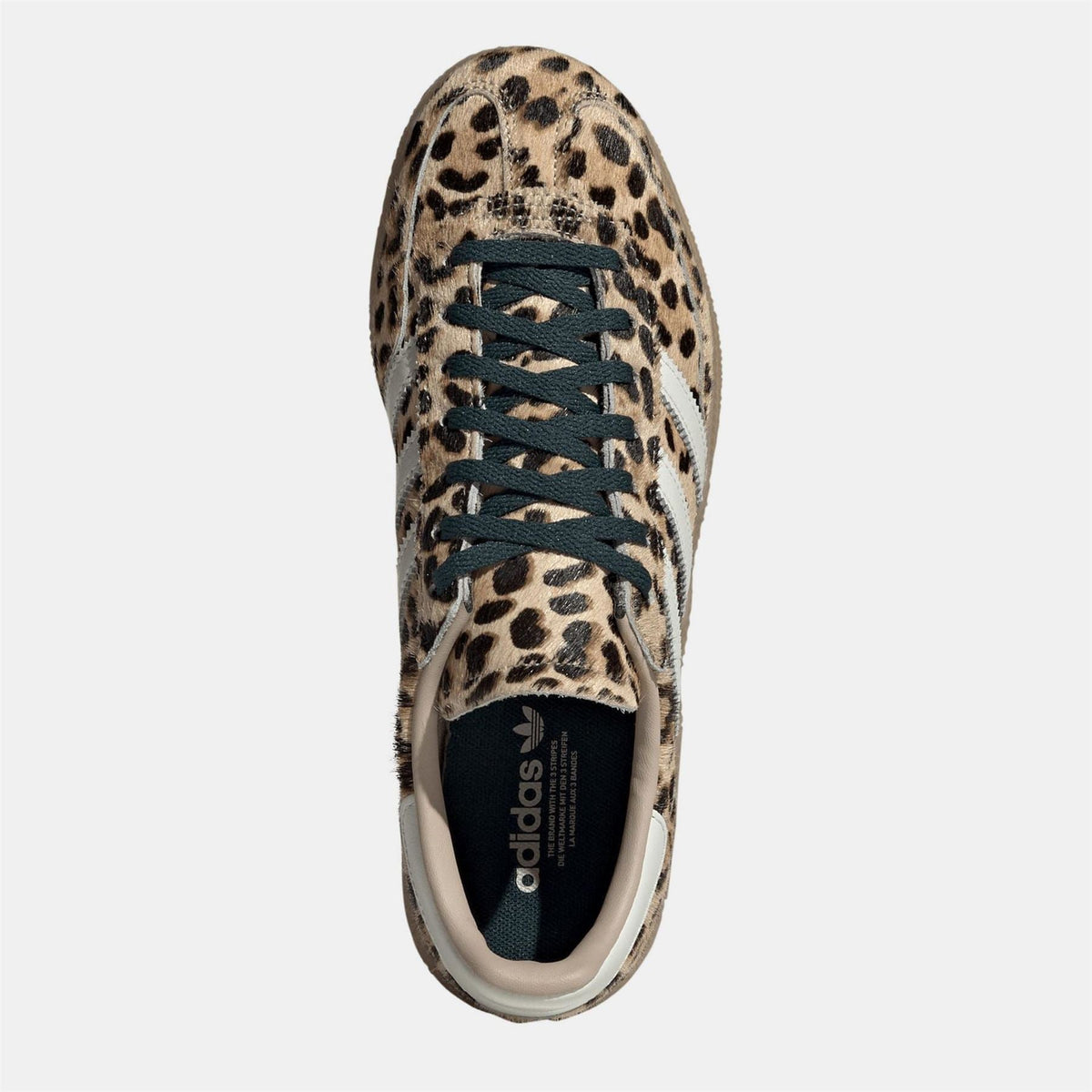 Women's Handball Spezial sneaker, leopard print upper with lace-up front and dark laces