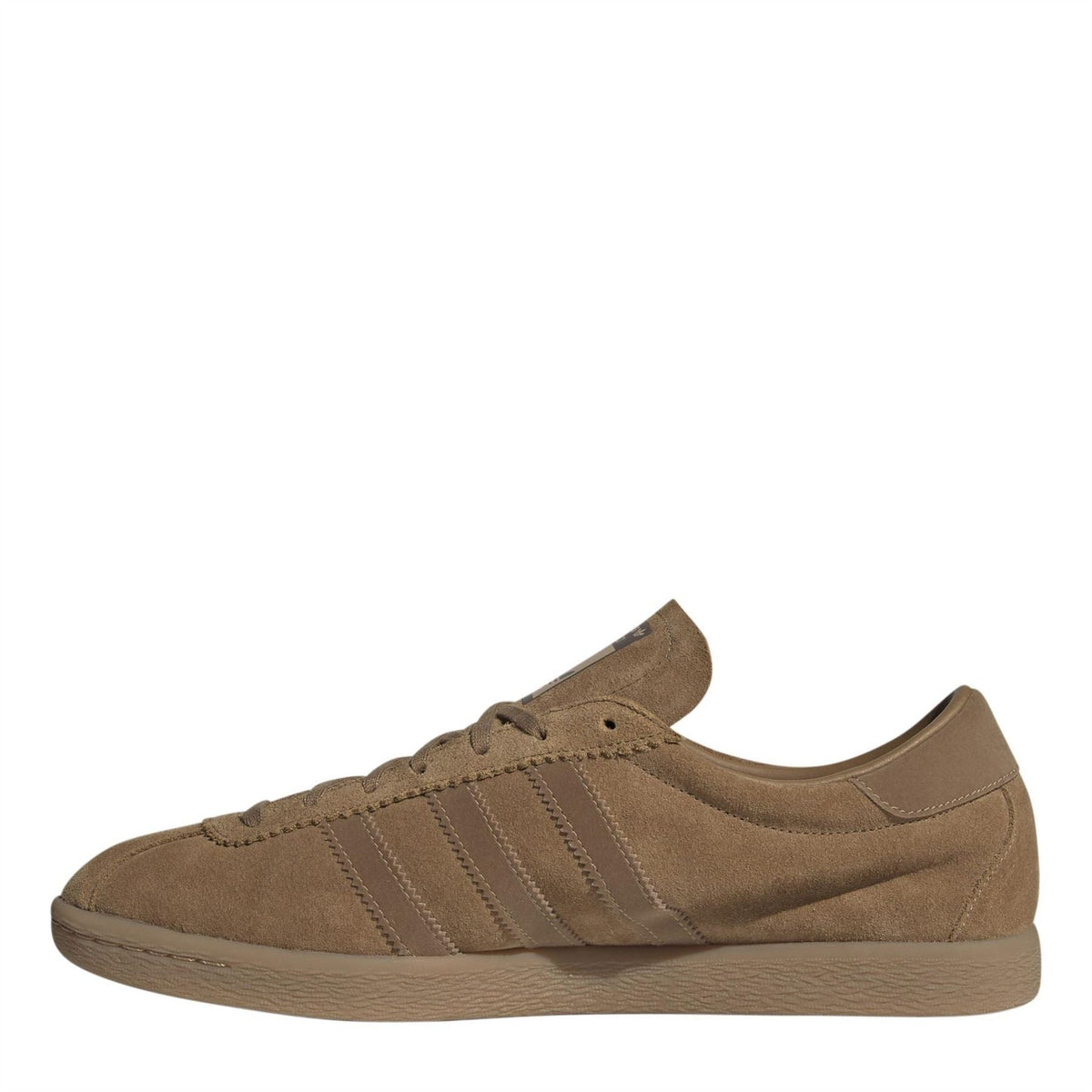 adidas Tabacco low top sneaker in brown suede, side profile with three stripe detailing