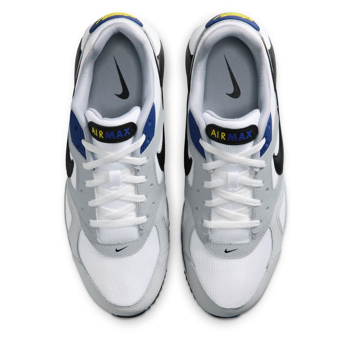 Air Max Ivo trainers pair front view in white/gray with blue laces and black swoosh