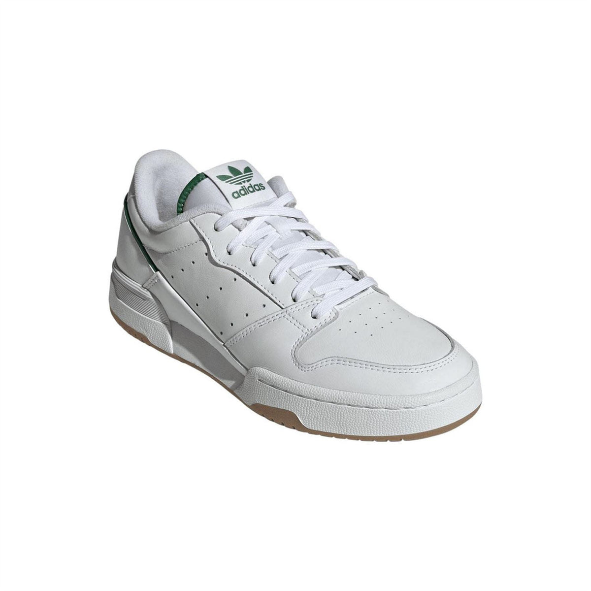 White trainers with green adidas trefoil on tongue and lace-up upper
