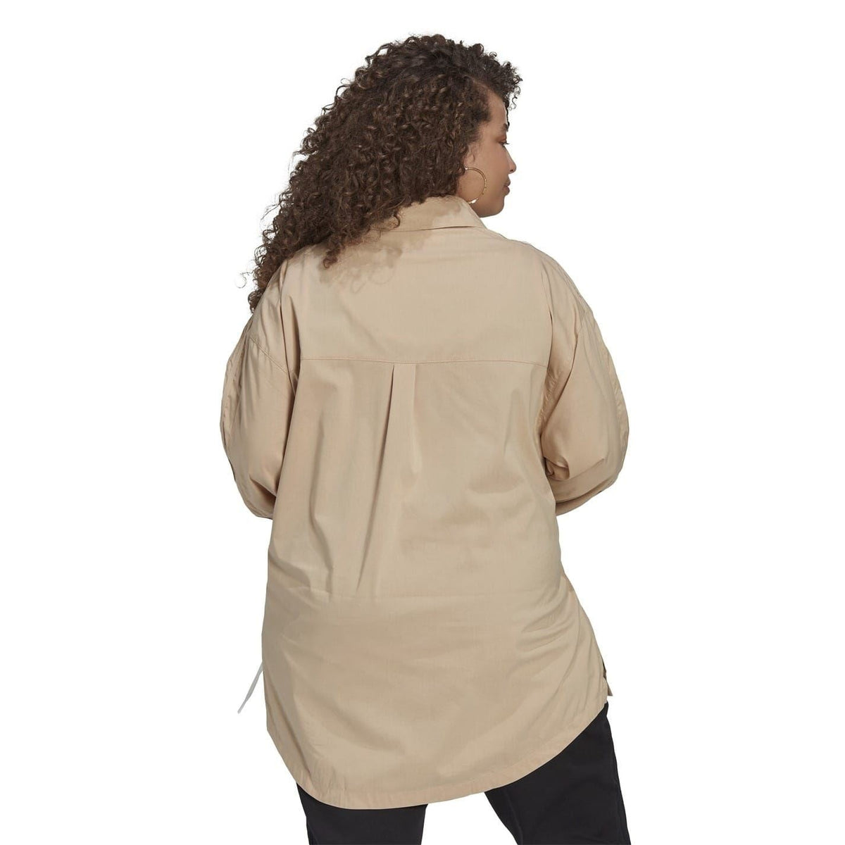 Beige relaxed-fit long-sleeve shirt from back view with gathered shoulder detail