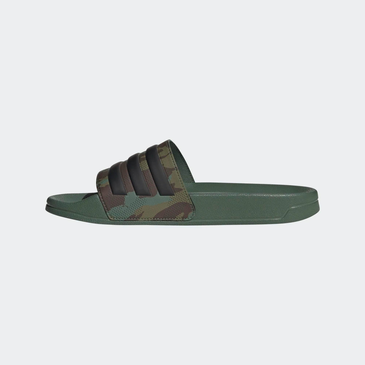 Adilette shower slides, green slides with camo strap and brown three-stripe details