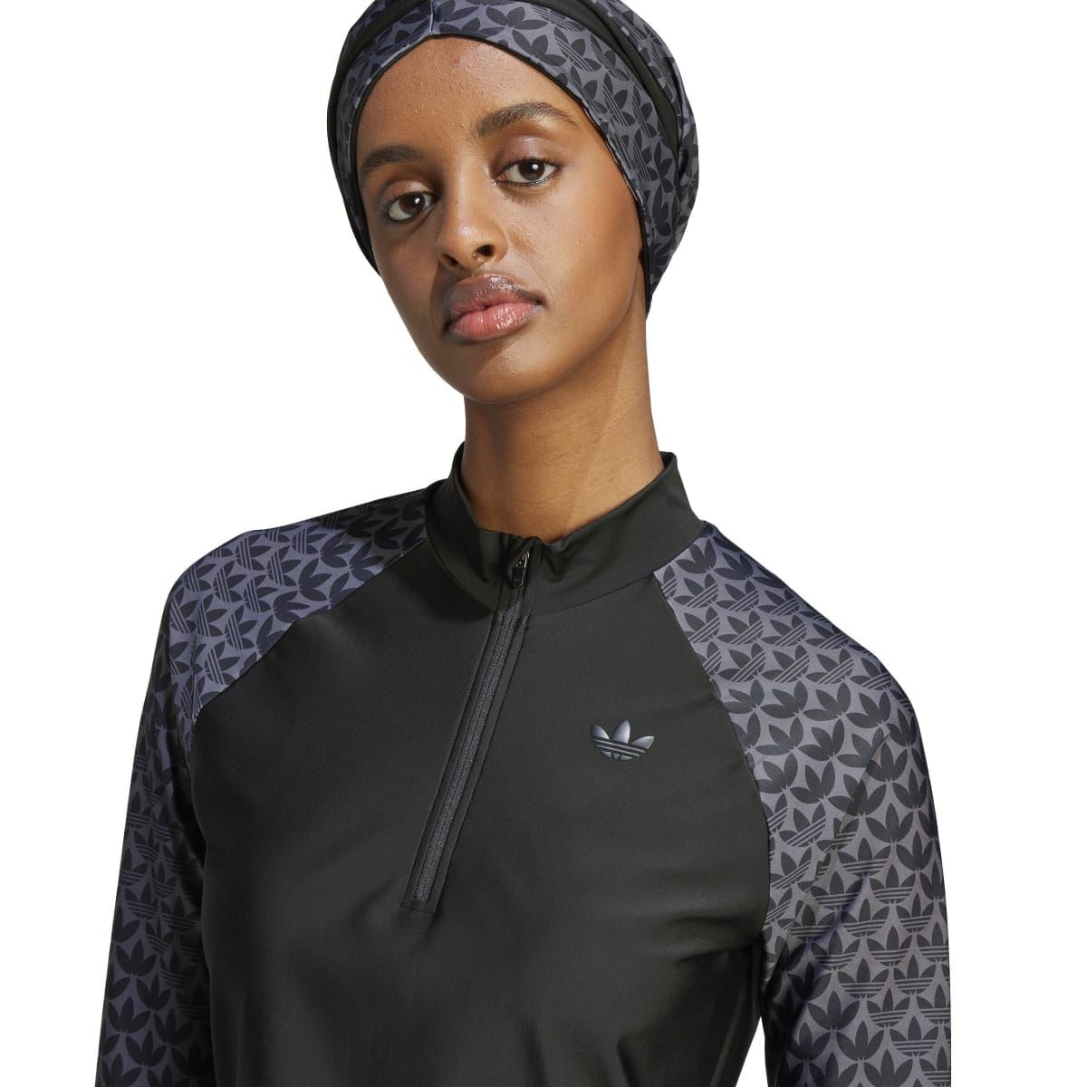 Black zip-front adidas Originals swim top with trefoil logo and monogram sleeves