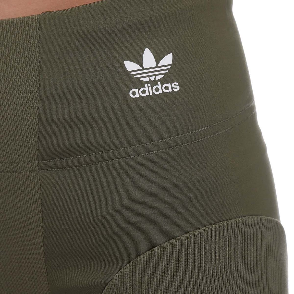 Olive rib tights with adidas trefoil logo on the waistband