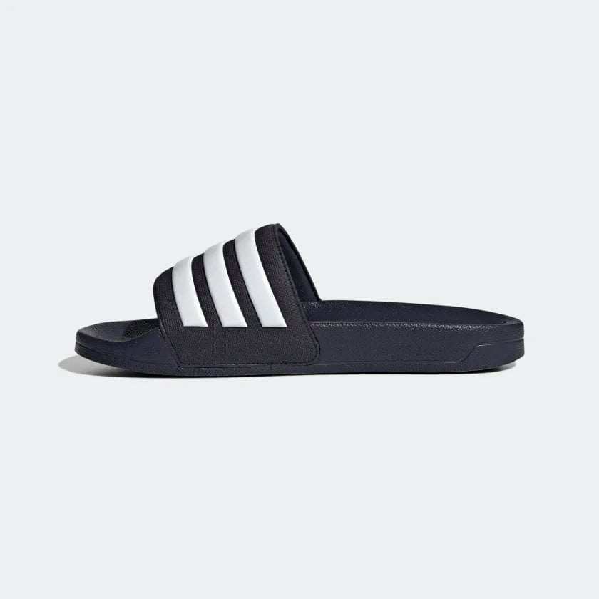 Navy shower slide sandals with white triple stripes and padded slide footbed