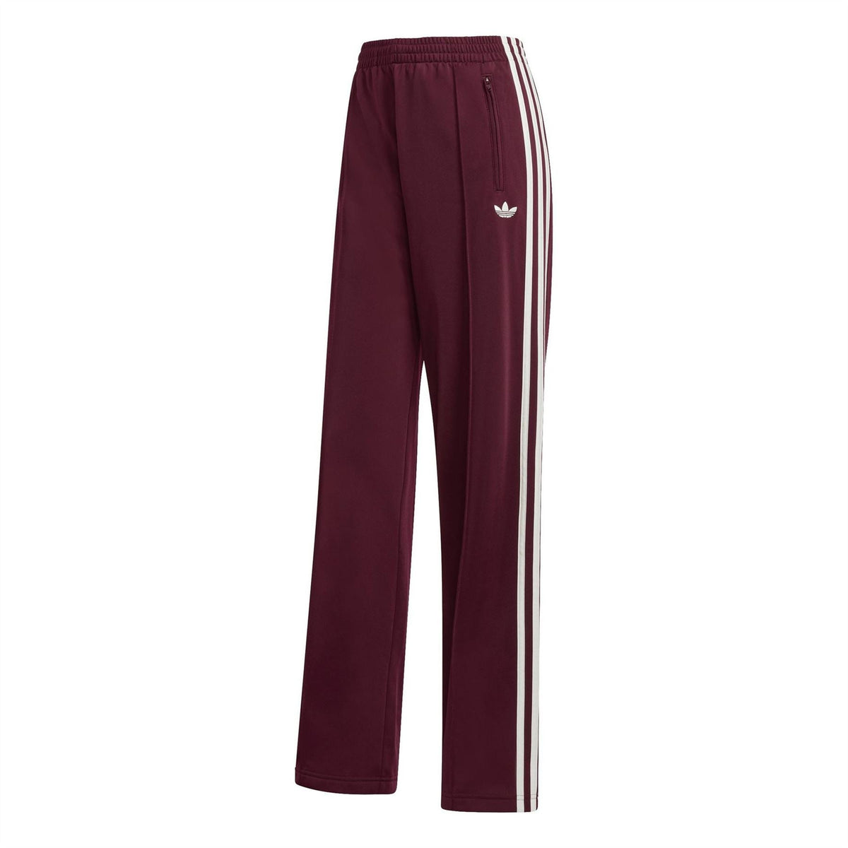 Loose track pants in maroon with white triple side stripes and elastic waistband