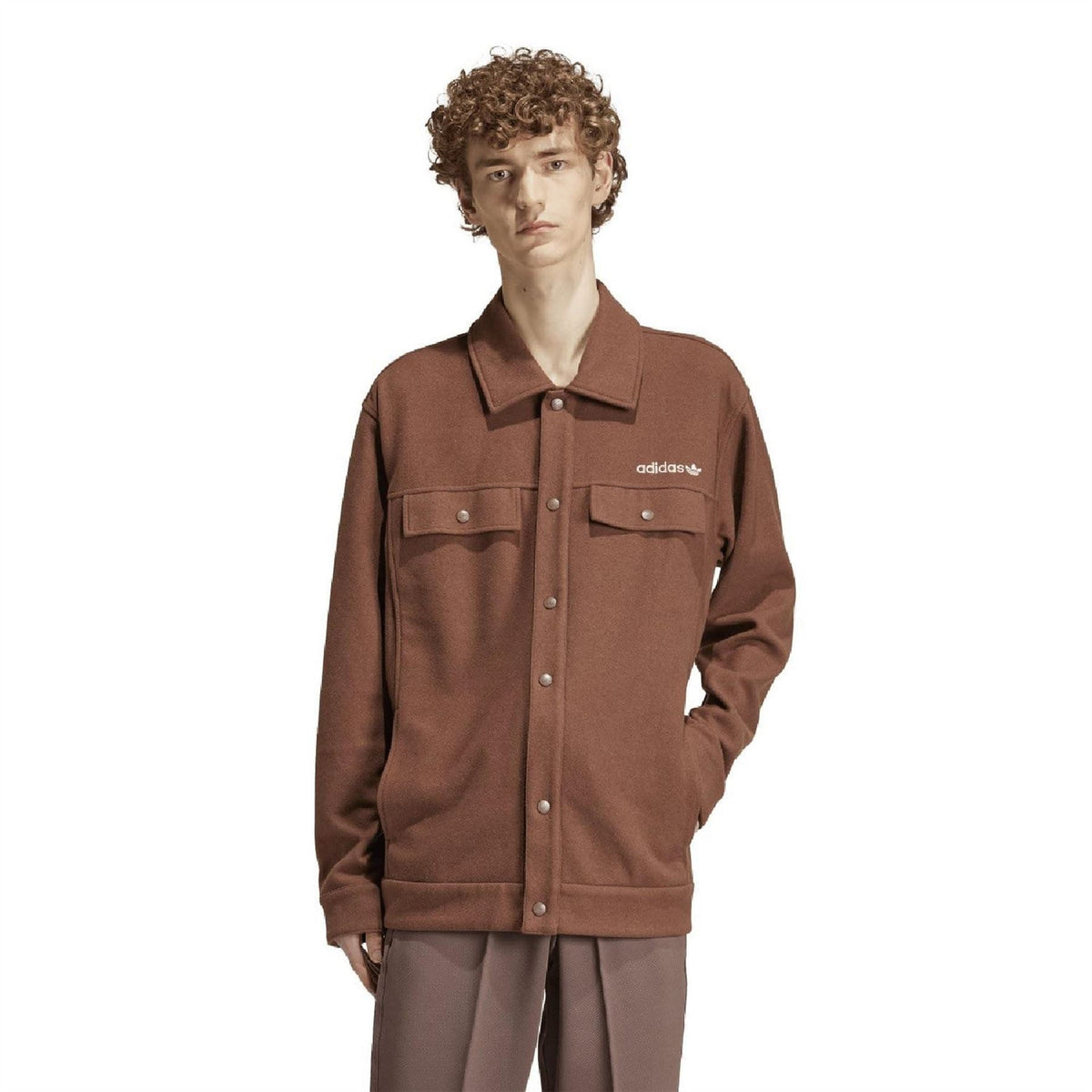 Brown collared overshirt with button placket and two chest flap pockets