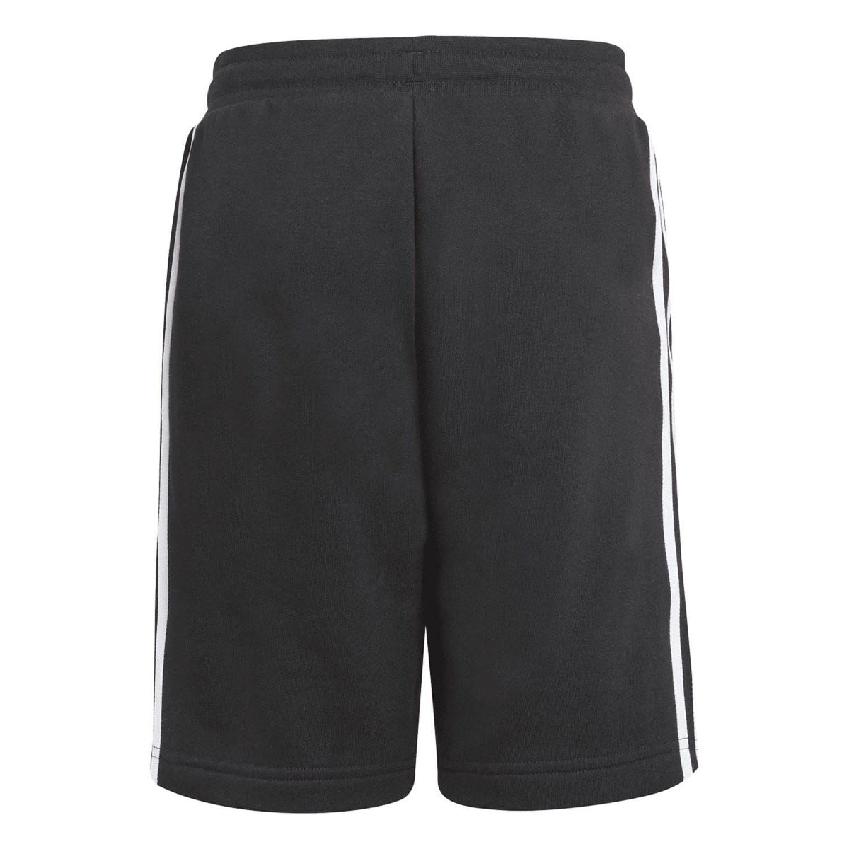 Black juniors track shorts with back seam, drawstring waist, and white side stripes